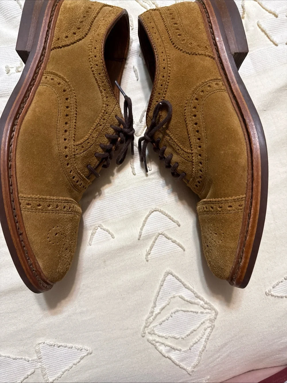Allen Edmonds Tan Suede Wingtip Derbys with Brown Laces